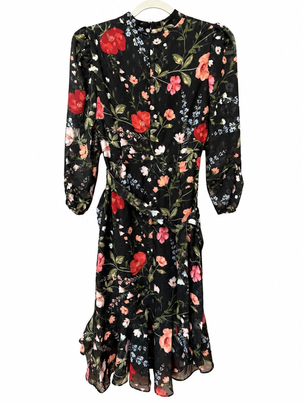 Eliza J Floral Ruched Sleeve Dress Sheer Black Flowers Wrap Like glam chic - Picture 3 of 5